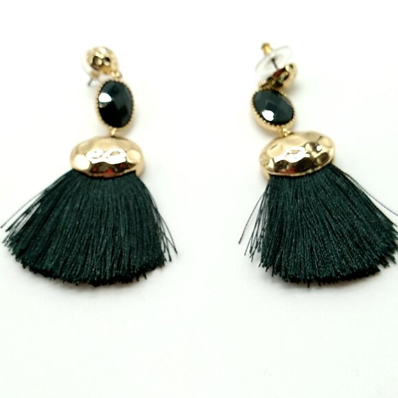 Black Hammered Gold Plated Tassel Post Earrings - Picture 2 of 6